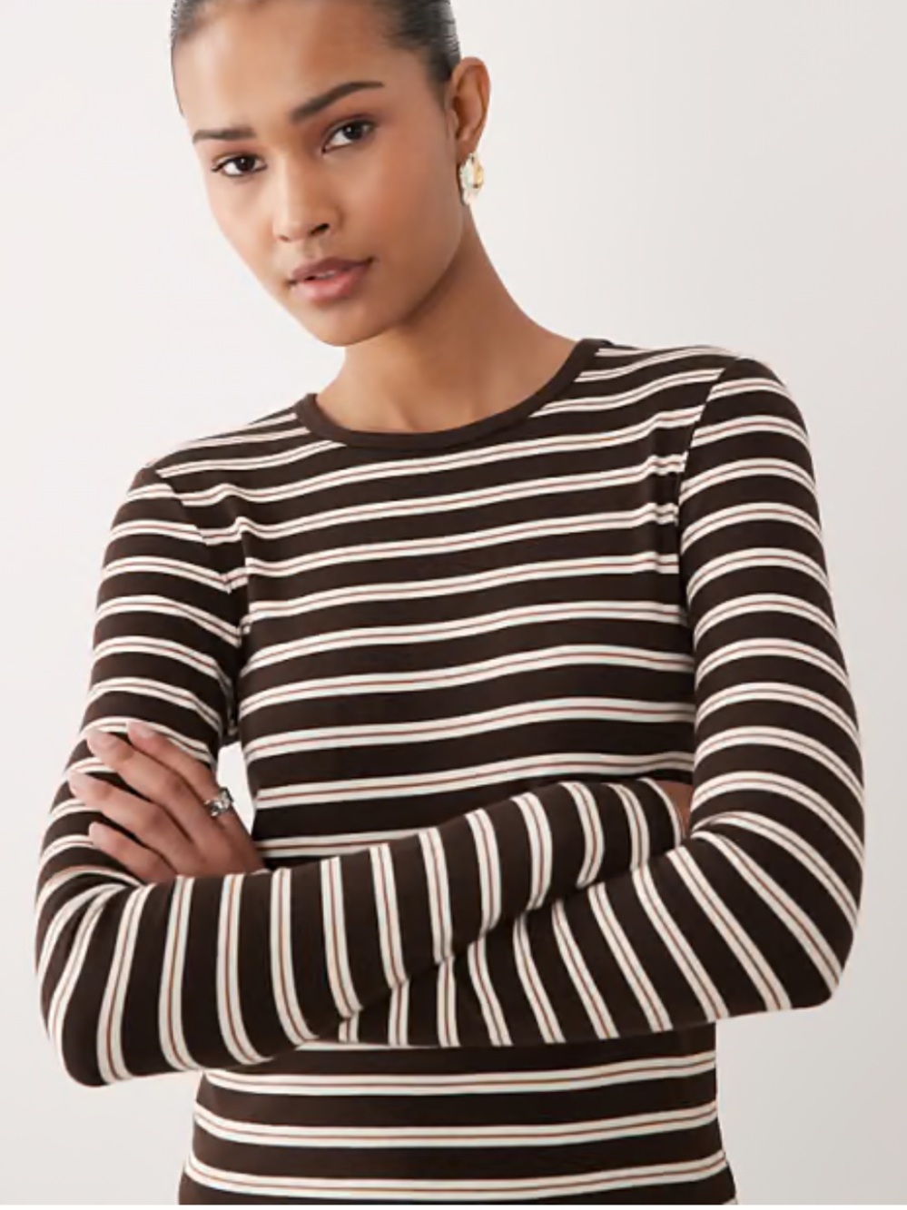 NWT MANGO Long-Sleeve Crewneck Top - Brown & Cream